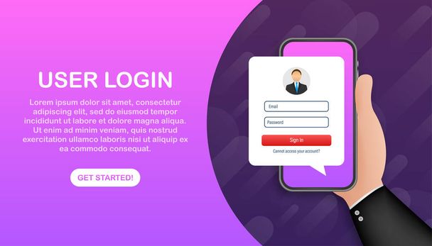 Sign in to account, user authorization, login authentication page concept. Smartphone with login and password form page on screen. Vector stock illustration. - Vector, Image