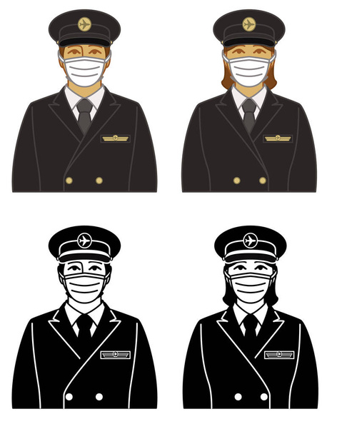 zestaw pilotów linii lotniczych, kapitan wektorowe ikony kobiet i mężczyzn noszących ochronną maskę medyczną jako koncepcję nowatorskiego koronawirusa 2019, COVID-19, izolowany na białym tle - Wektor, obraz