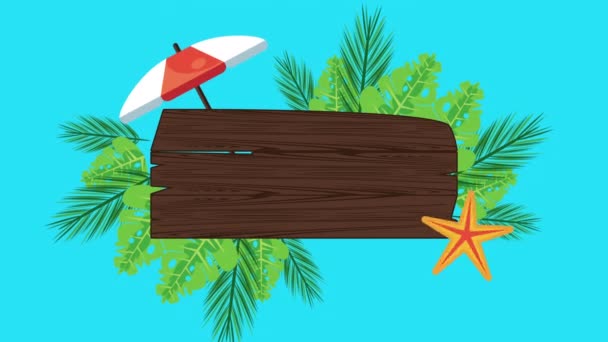 summer holiday season with wooden label and umbrella - Footage, Video