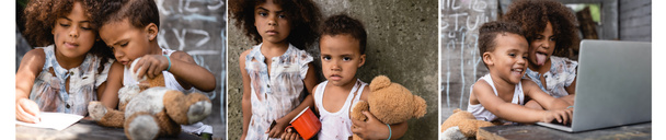 Collage de niños afroamericanos pobres escribiendo en el cuaderno, teniendo videollamada en el portátil y pidiendo limosna en la calle urbana
  - Foto, Imagen