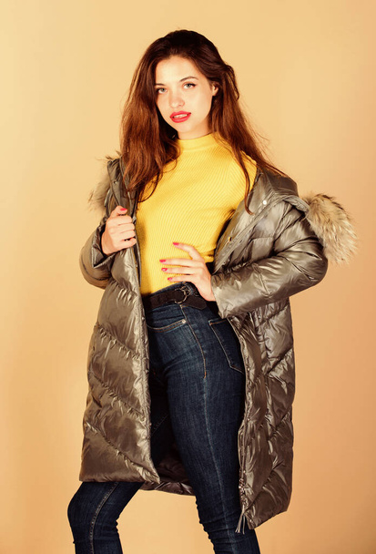 Winter outfit. Pretty girl wear fashion outfit for cold weather. Black friday. Confidence and femininity. Enjoying her outfit. Be stylish this winter. Emotional woman in jacket. Playful fashionista - 写真・画像