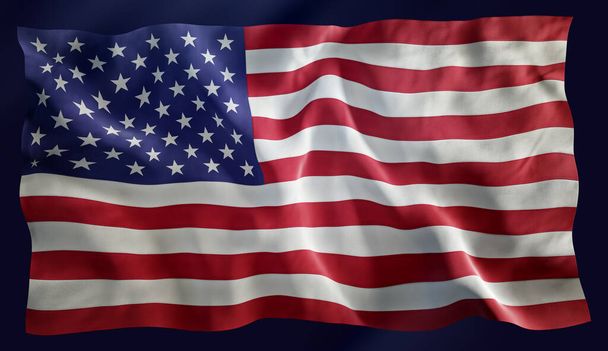 3D Ilustracja USA American Flag Waving in the Wind, Close, Highly Detailed with Seam Marks and Textures - Zdjęcie, obraz