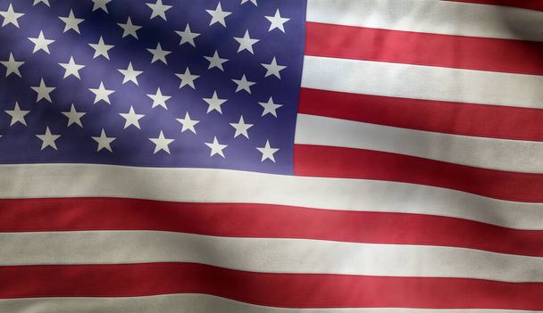 Ilustración 3D de Estados Unidos Bandera americana ondeando en el viento, de cerca, altamente detallada con marcas y texturas de costura
 - Foto, Imagen