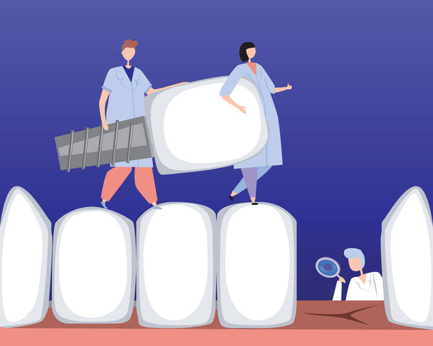 Pequenos ortodontistas ou dentistas e dentes grandes e um implante como um conceito de ortodontia, serviços odontológicos, instalação de um implante dentário, próteses. Ilustração de estoque vetorial plano com dente, molar, cortador
 - Vetor, Imagem