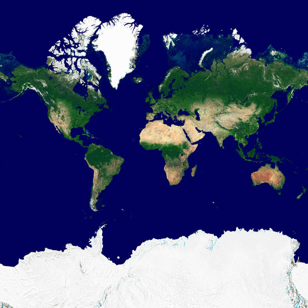 Die Textur der Welt in der Projektion des Web Mercator. Satellitenbild der Erde. Hochauflösende Struktur des Planeten mit Reliefschattierung (Landtopographie) und ohne Atmosphäre. - Foto, Bild