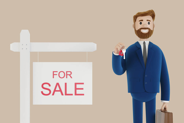 Egy sikeres ingatlanügynök kulcsot tart a kezében, elad, kibérel egy házat. 3D illusztráció. - Fotó, kép