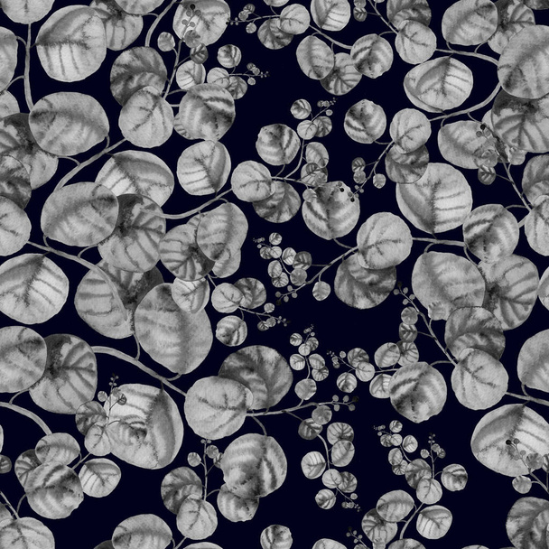 Virágos varrat nélküli minta szürke ágak egy fekete háttér - Fotó, kép