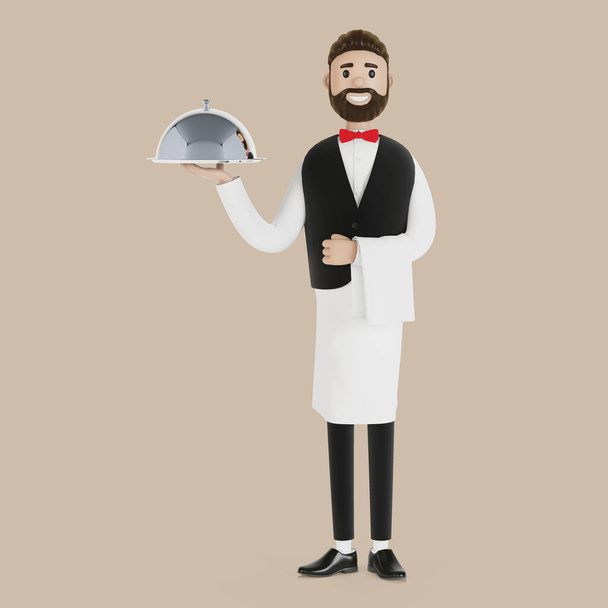 Kelner z kreskówką z tacą. 3D ilustracja. - Zdjęcie, obraz