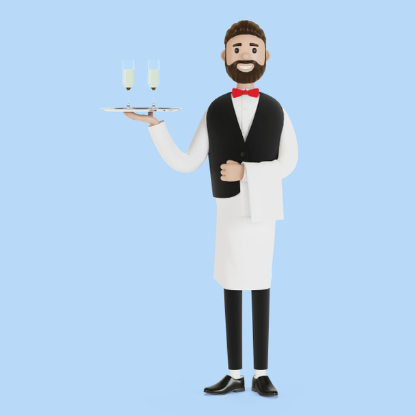 Camarero de dibujos animados con champán en una bandeja. Ilustración 3D
. - Foto, Imagen