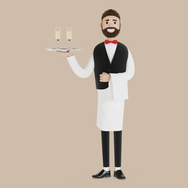 Camarero de dibujos animados con champán en una bandeja. Ilustración 3D
. - Foto, imagen