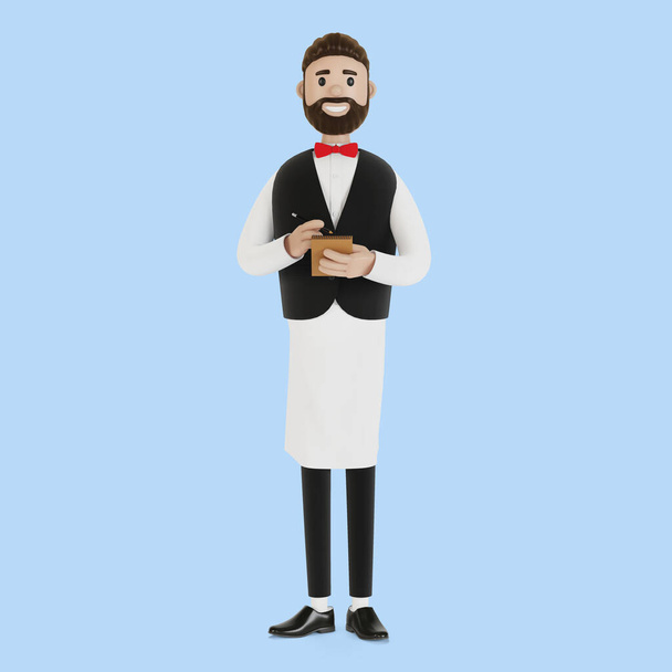 Cartoon character a waiter with a notebook and a pencil takes an order. 3D illustration. - Photo, Image