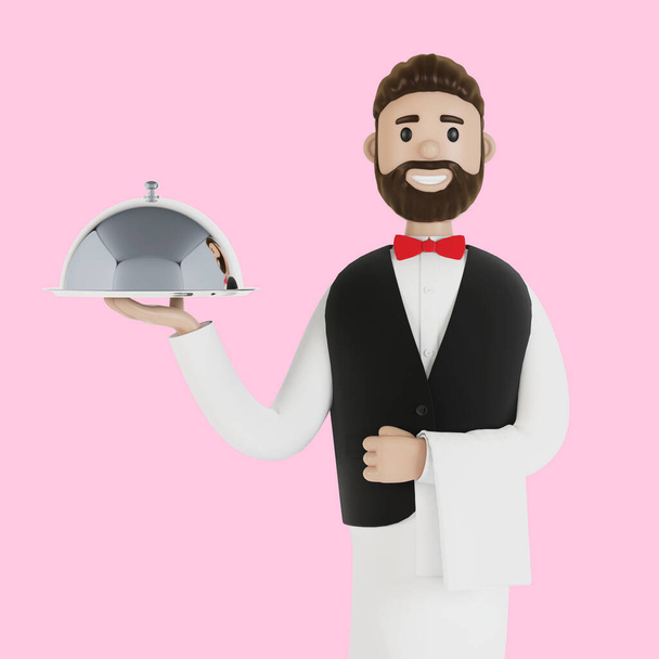 Cartoon waiter with a tray. 3D illustration. - Photo, Image