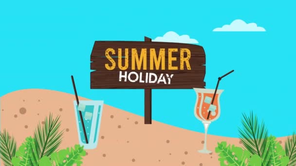 summer holiday season with wooden label and tropical drinks on the beach - Footage, Video