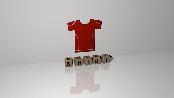 3D графічне зображення SHIRT вертикально поряд з текстом, побудованим металевими кубічними літерами з верхньої точки зору, відмінно підходить для презентації концепції та показу слайдів. фон і білий
 - Фото, зображення