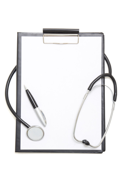 black clipboard with blank paper sheet, stethoscope and pen isol - Photo, Image