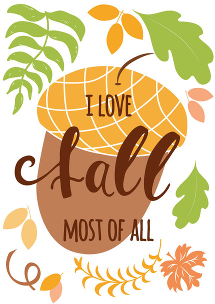 オレンジ色の手描きのカエデの葉にこんにちは秋の手書きの碑文現代の書道のインスピレーションの引用挨拶バナー、招待状、印刷、お祝いの秋の引用のためのタイポグラフィのデザイン要素 - ベクター画像