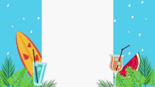 kesälomakausi surffilaudalla ja trooppisilla juomilla - Materiaali, video