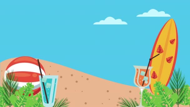 temporada de vacaciones de verano con tabla de surf y bebidas tropicales en la playa
 - Metraje, vídeo