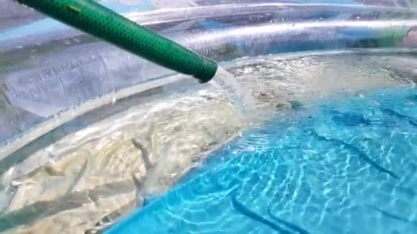 A tömlőből ömlik a víz a felfújható medencébe. Napos nyári nap, szabadban - Felvétel, videó