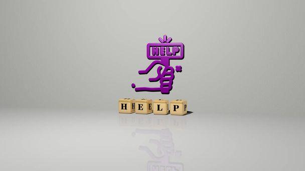 3D illustration of help graphics and text made by metallic dice letters for the related meanings of the concept and presentations. background and care - Photo, Image