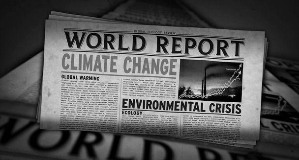Παγκόσμια έκθεση για την κλιματική αλλαγή, την υπερθέρμανση του πλανήτη, την οικολογία και την περιβαλλοντική κρίση. Καθημερινή εκτύπωση εφημερίδας. Vintage χαρτί media press παραγωγή αφηρημένη έννοια. Ρετρό στυλ 3d απόδοση εικονογράφηση. - Φωτογραφία, εικόνα