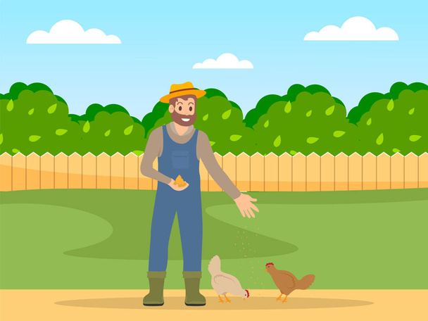 The farmer stands and feeds the chickens. Poultry and agriculture. Trees, fence and lawn landscape - Διάνυσμα, εικόνα