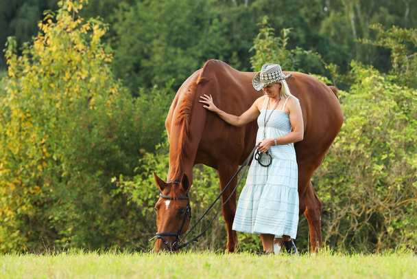  Retrato de una hermosa joven alegre con un caballo al aire libre. Medida en el día de verano
 - Foto, Imagen