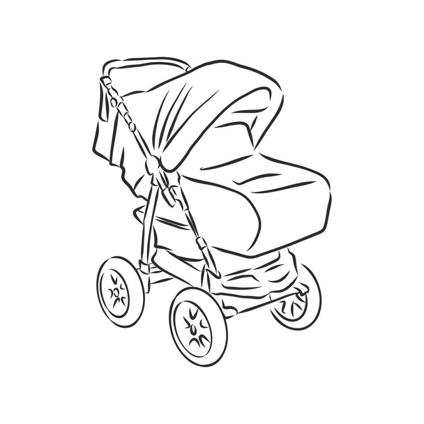 Ikona dziecięcego wózka wektorowego odizolowana na tle. Ręcznie rysowana ikona wózka dziecięcego. Ikona szkicu dziecięcego wózka do infografik, stron internetowych lub aplikacji. - Wektor, obraz