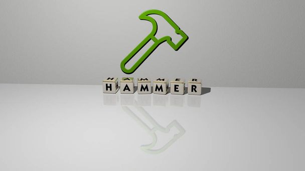 3D graphical image of HAMMER vertically along with text built by metallic cubic letters from the top perspective, excellent for the concept presentation and slideshows. illustration and background - Photo, Image