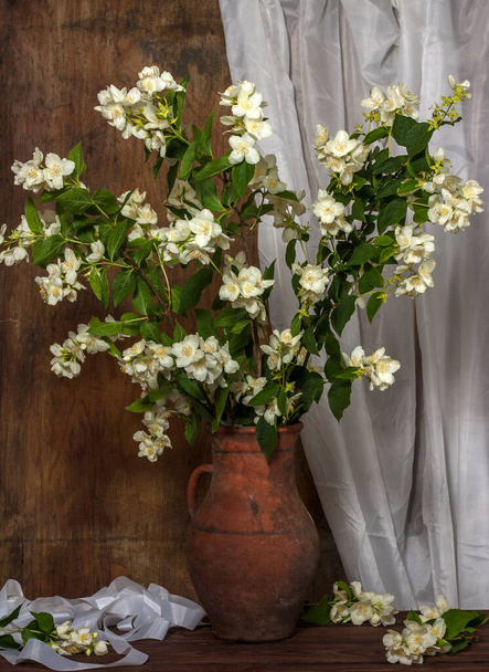 Tendre branches de jasmin dans une cruche sur une table en bois contre le mur. Nature morte.Orientation verticale - Photo, image