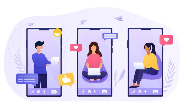 Chatting app with three people on smartphones - Vector, Image