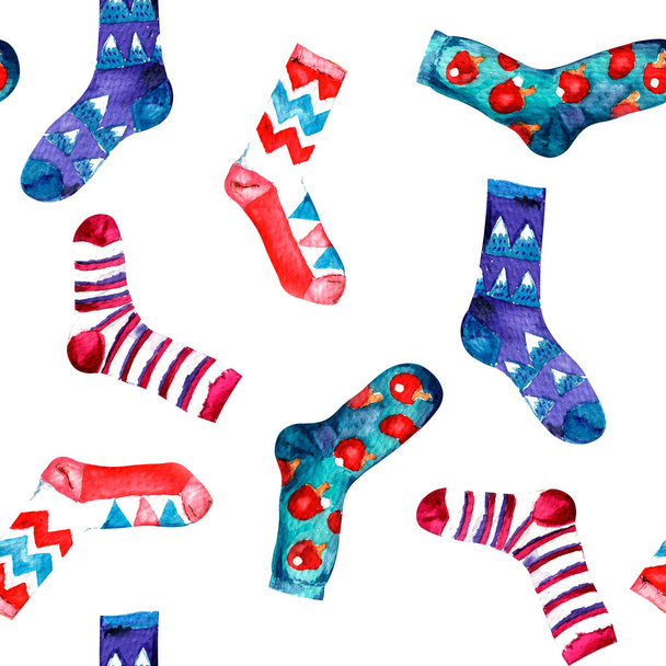 watercolor illustration. seamless pattern of multicolored socks on a white background. - Photo, Image