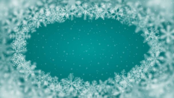 Karácsonyi háttér hópelyhek különböző alakú, elmosódott és áttetsző, rendezett ellipszis, a türkiz háttér - Vektor, kép