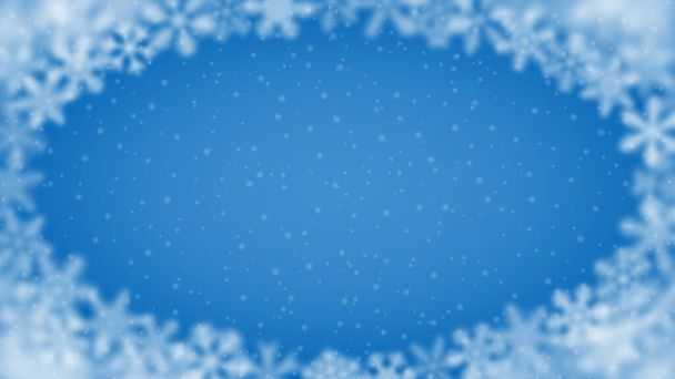 Sfondo natalizio di fiocchi di neve di diversa forma, sfocatura e trasparenza, disposti in un'ellisse, su sfondo azzurro - Vettoriali, immagini