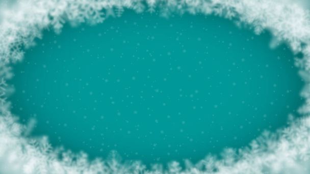 Kerst achtergrond van sneeuwvlokken van verschillende vorm, vervaging en transparantie, gerangschikt in een ellips, op turquoise achtergrond - Vector, afbeelding