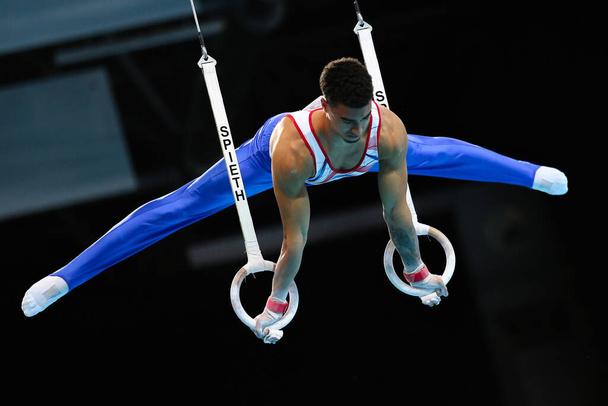 Szczecin, Poland, April 12, 2019:Loris Frasca of France competes on the rings during the European artistic gymnastics championships - 写真・画像