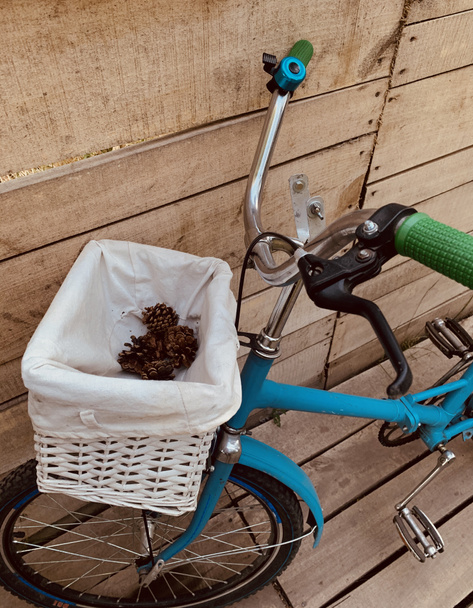 Mignon panier d'accessoires de vélo en paille blanche au vélo bleu avec cônes de sapin collectés de près, vélo actif à l'extérieur à l'arrière-plan en bois  - Photo, image