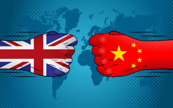 Konflikt między Zjednoczonym Królestwem a Chinami. Stosunki UK-Chiny. Anglia kontra Chiny. - Wektor, obraz