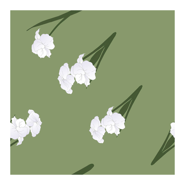 Seamless, abstract pattern with white flowers, petals, buds in green-gray tones on a gray-green background. Monochrome pattern, pastel. Abstract, floral pattern. Pattern with silhouettes, outlines of flowers and buds. Vector illustration - Vector, Image