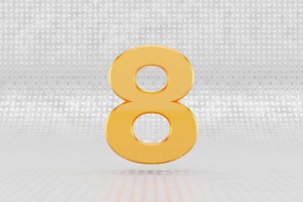 Keltainen 3d numero 8. Kiiltävä keltainen metallinen numero metallilattialla taustalla. 3d renderöity kirjasinmerkki. - Valokuva, kuva