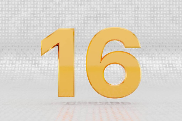 Geel 3d nummer 16. Glanzend geel metallic nummer op metalen vloer achtergrond. 3d render lettertype character. - Foto, afbeelding