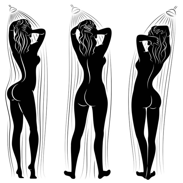 Collection. Silhouette of a cute young lady. The girl washes in the shower. The woman has a slim beautiful figure. Vector illustration  set. - Vector, Image