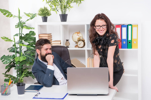 Business couple working. Couple in office. Man and woman boss manager director. Office meeting. Boosting creativity. Managerial skills at work. Corporate strategy. Legal adviser. Office secretary - Foto, imagen