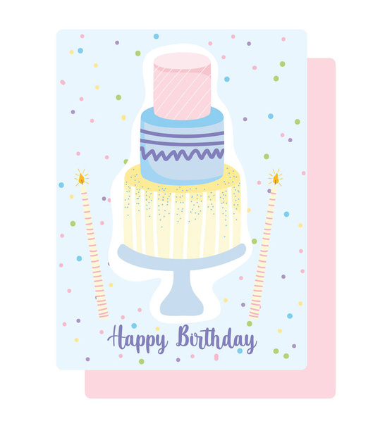 feliz cumpleaños, pastel en soporte con velas tarjeta de decoración celebración de dibujos animados
 - Vector, Imagen