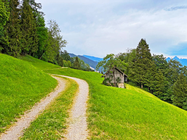 Традиційна сільська архітектура та сімейні тваринницькі ферми на схилах гірського масиву Пілатус (Альпнах - Кантон, Обвальден, Швейцарія).) - Фото, зображення