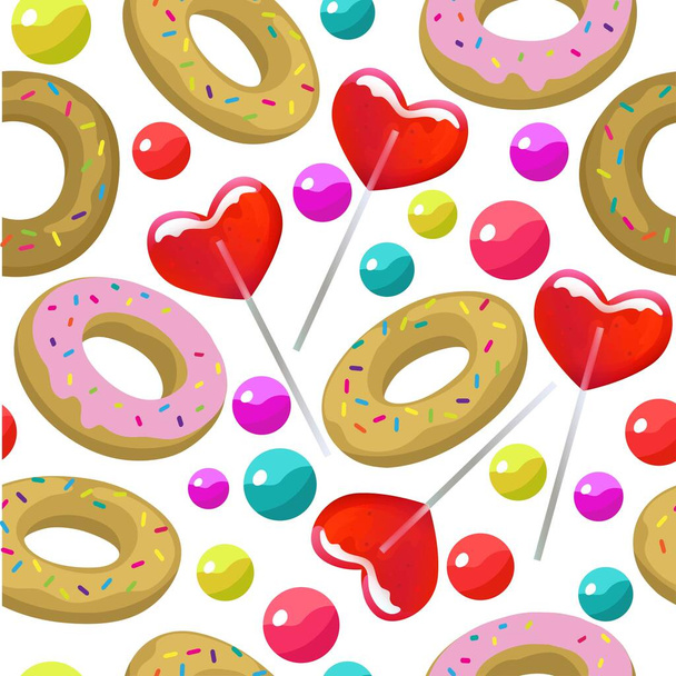 Seamless pattern with candy balls and heart shaped lollipops Colorful bright vector illustration. - Vector, imagen