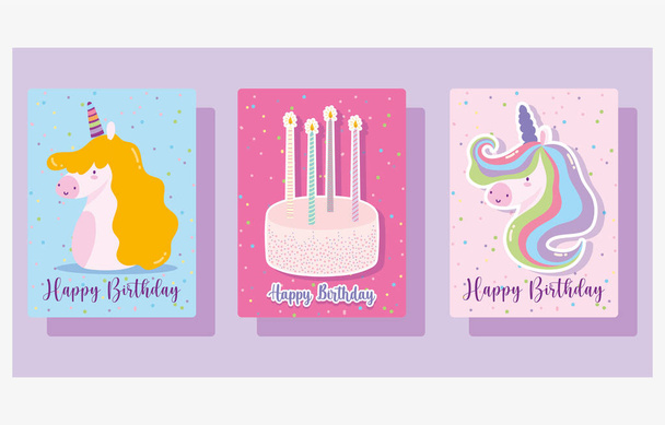 happy birthday, cute unicorns cake and candles cartoon celebration decoration banner - Vetor, Imagem