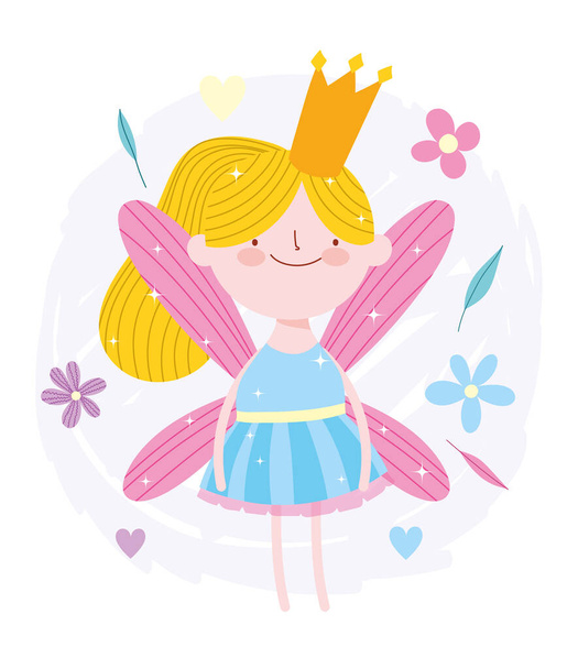 petite princesse de fée avec couronne d'or fleurs conte dessin animé - Vecteur, image
