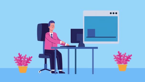 アニメのオフィスキャラクターでデスクトップを使うビジネスマンは - 映像、動画
