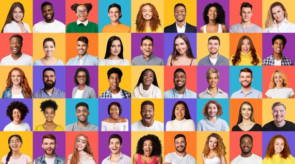 Porträts von Menschen unterschiedlicher Rassen, die auf unterschiedlichen Hintergründen lächeln - Foto, Bild